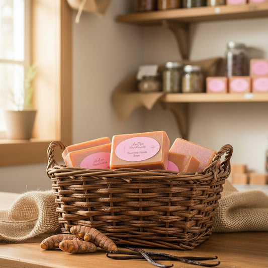 LorJas Handmade Turmeric Vanilla lightly scented goat milk soap in a wicker basket with fresh turmeric and vanilla beans on a wooden box with burlap in a mercantile with natural light flooding in through a window and shelves displaying packaged goods in the background.