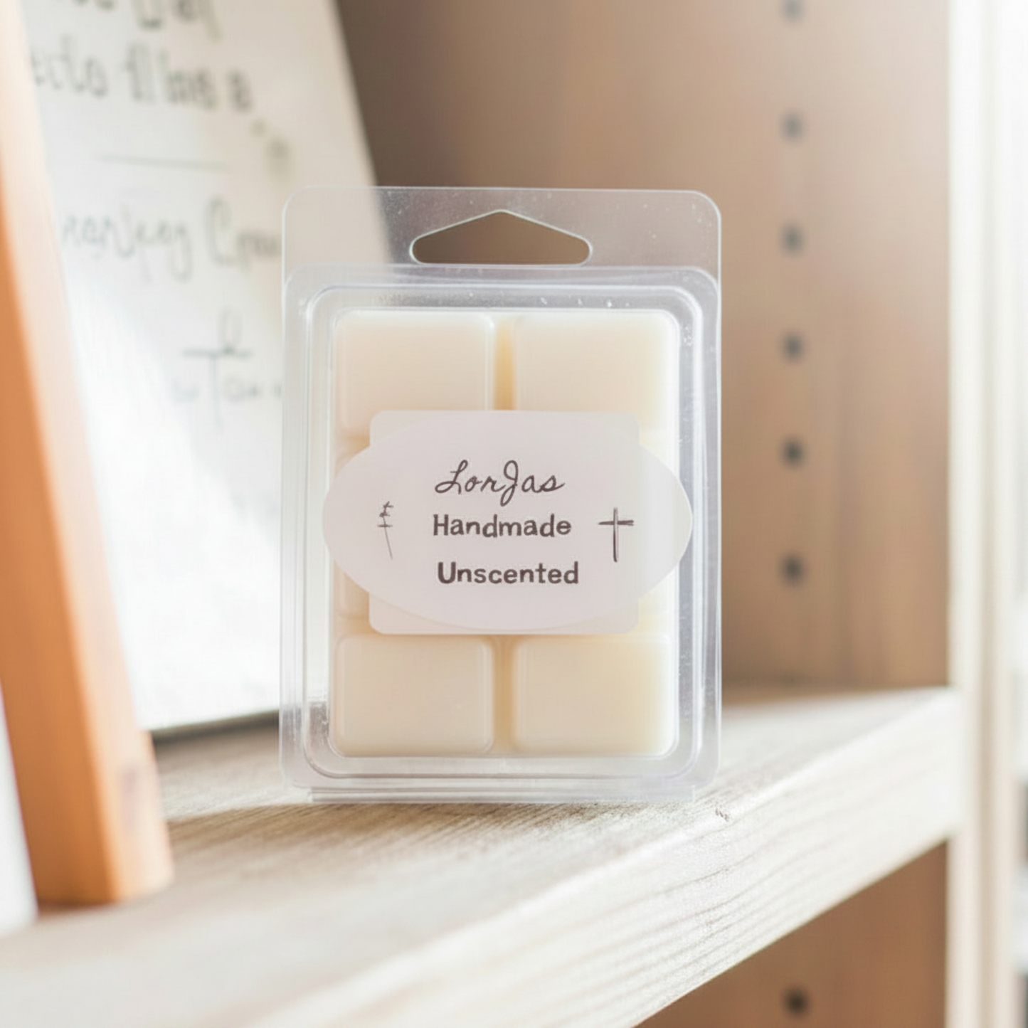 Packaged LorJas Handmade cream-colored wax melt with a label on a wooden surface