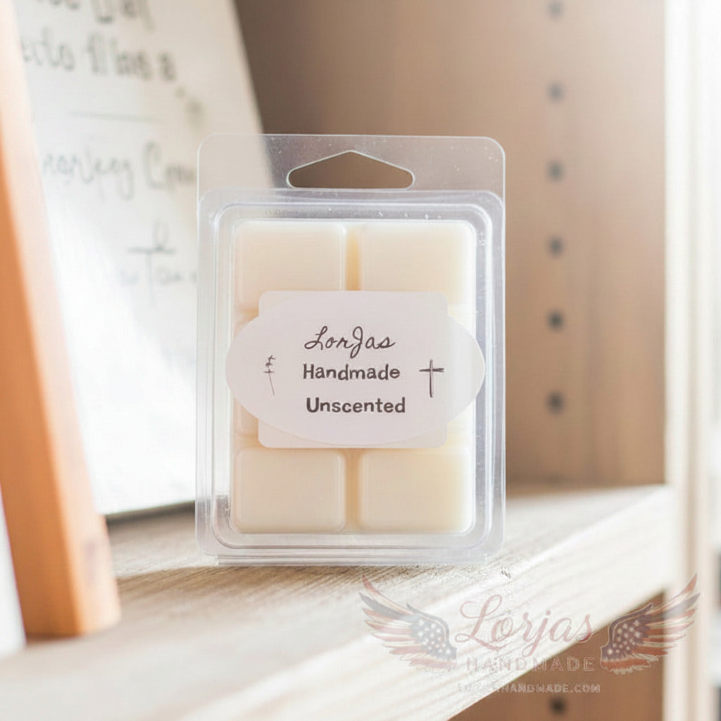 Packaged LorJas Handmade cream-colored wax melt with a label on a wooden surface
