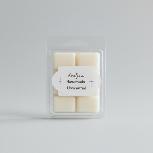 A clear plastic clamshell package containing an unscented soy wax melt, with a white oval label reading 'LorJas Handmade Unscented' on a light gray background.