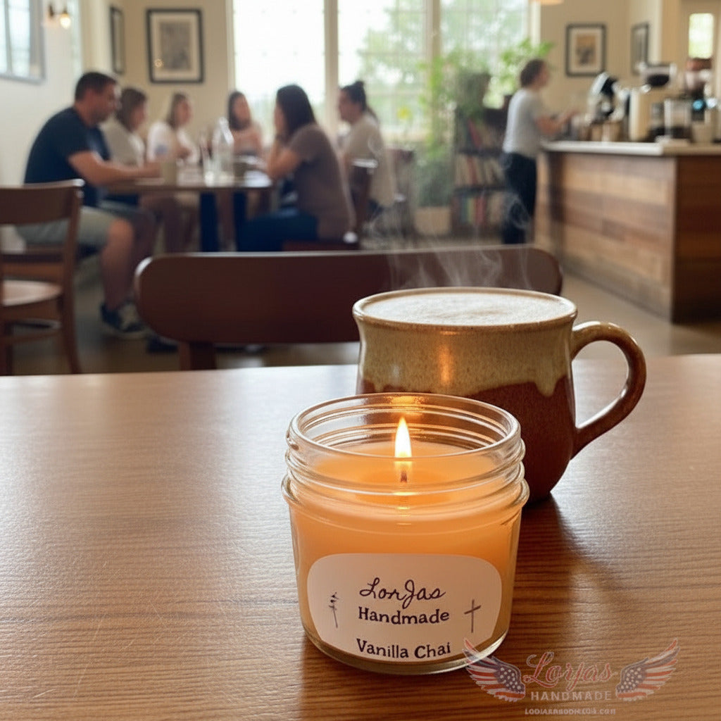 Pleasantly lit LorJas Handmade Vanilla Chai lightly scented soy candle beside a mug of steaming vanilla chai on a table in a cafe backdrop.
