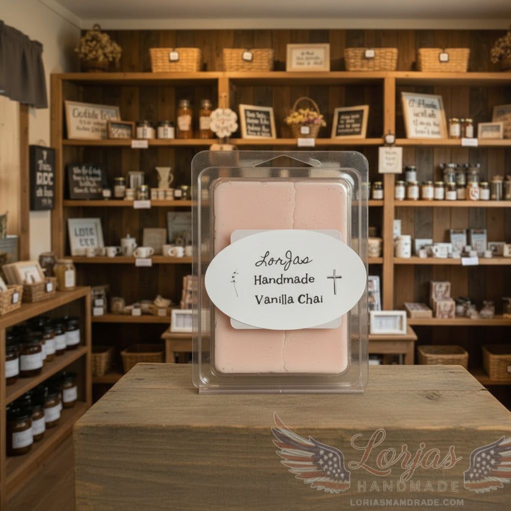 LorJas Handmade Vanilla Chai lightly scented wax melt on a wooden surface with mercantile backdrop.