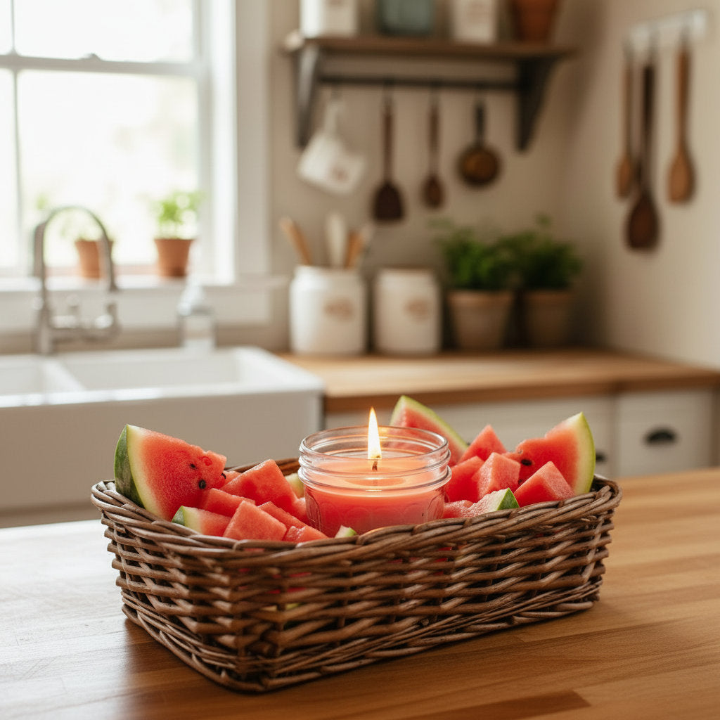 Pleasantly lit LorJas Handmade  Watermelon lightly scented soy candle in wicker basket with slices of fresh watermelon on a wooden counter with a blurred kitchen background.