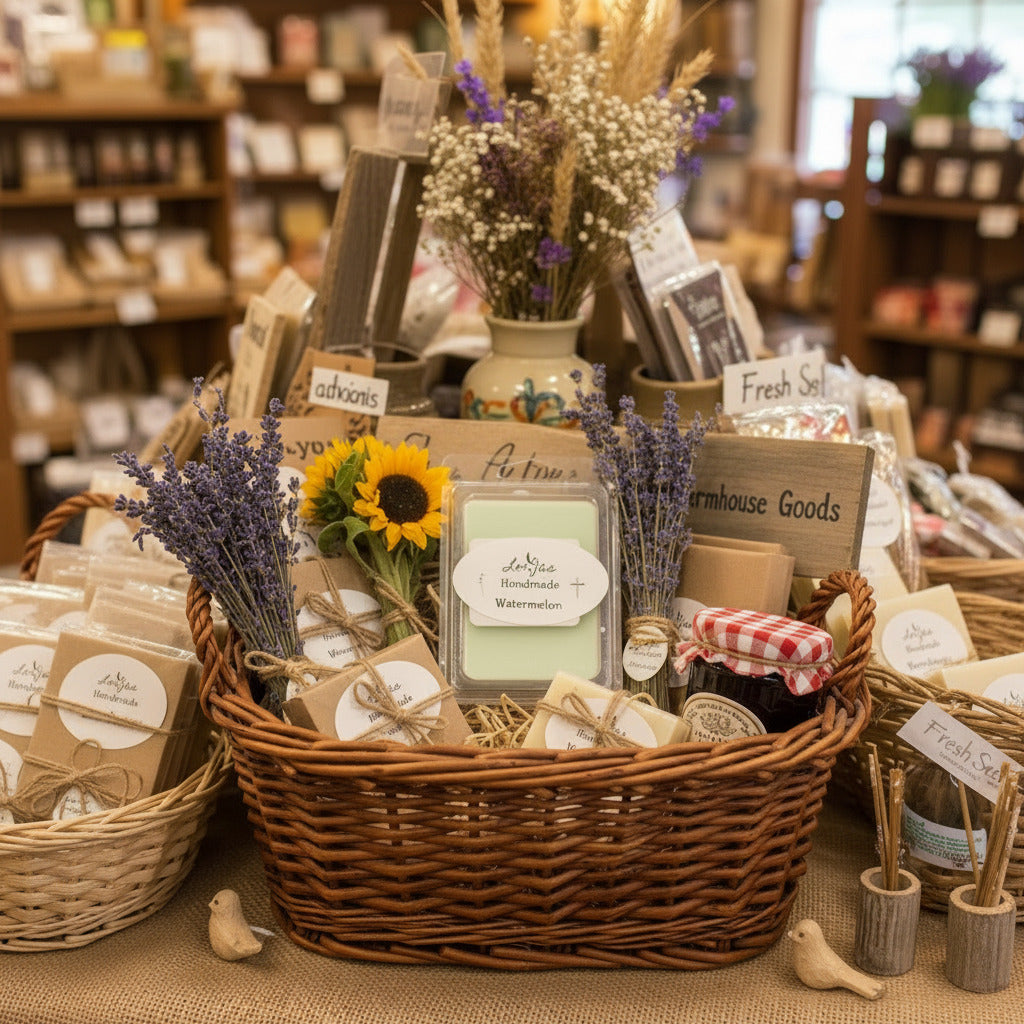 LorJas Handmade Watermelon lightly scented soy melt in a wicker basket filled with country mercantile items including flowers, soaps, jelly, and other essentials with blurred full shelving in the background.