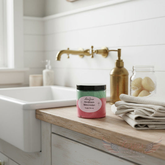 LorJas Handmade Watermelon organic foamy whipped sugar scrub with bathroom accessories and backdrop.