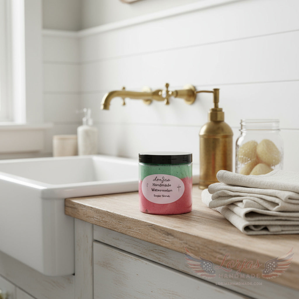 LorJas Handmade Watermelon organic foamy whipped sugar scrub with bathroom accessories and backdrop.