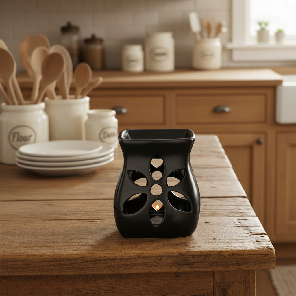 LorJas Handmade black ceramic wax warmer with flower pattern on a wooden counter in a kitchen setting.