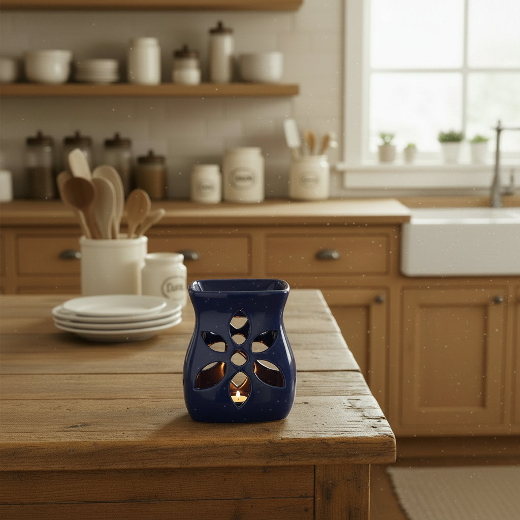 LorJas Handmade blue ceramic wax warmer with flower pattern on a wooden counter in a kitchen setting.