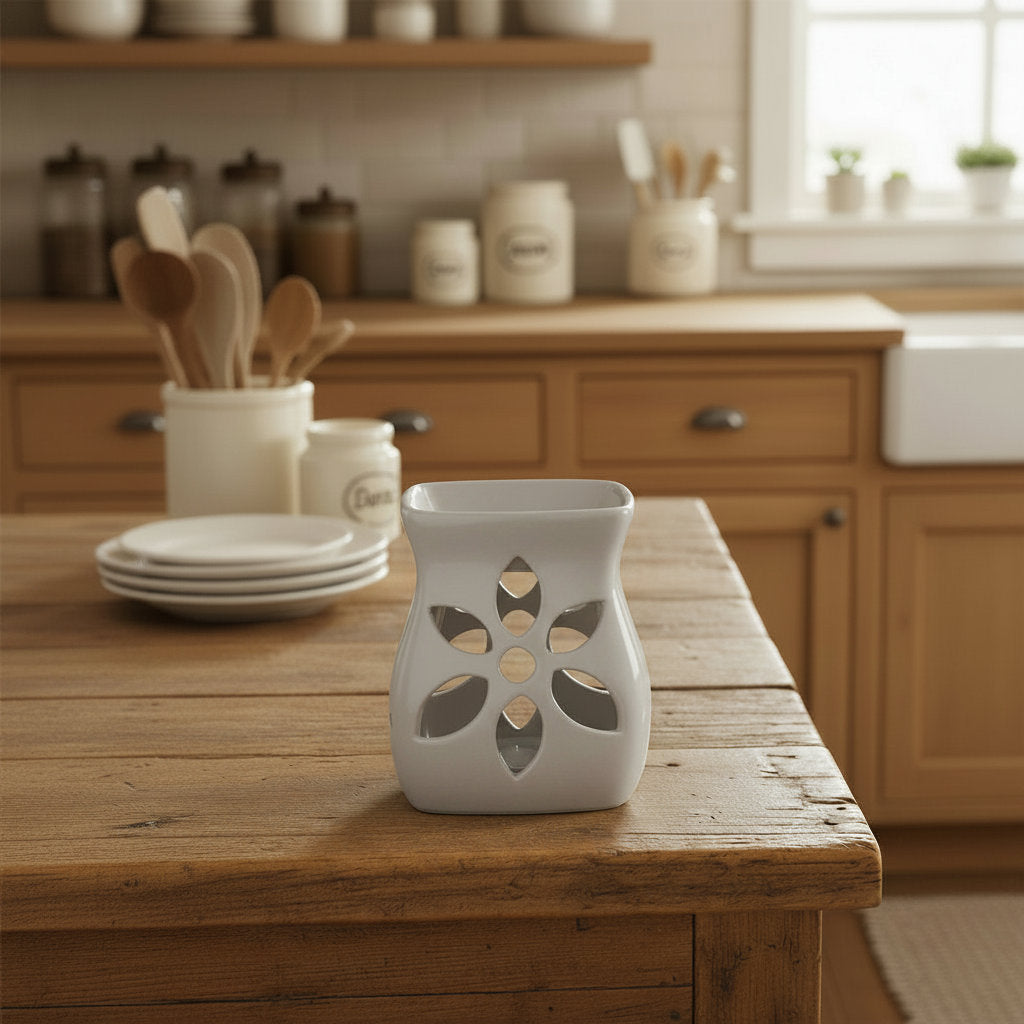 LorJas Handmade gray ceramic wax warmer with flower pattern on a wooden counter in a kitchen setting.