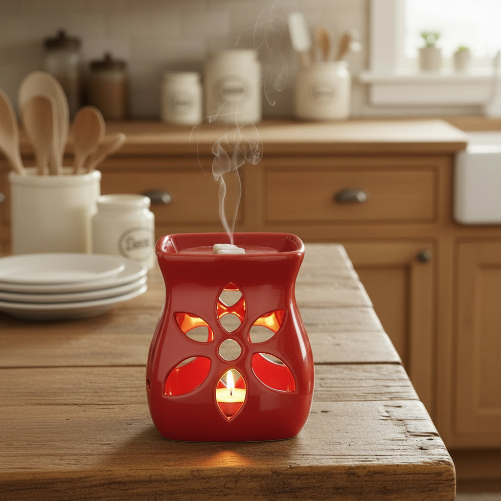 Red ceramic wax warmer on a wooden table with kitchen background