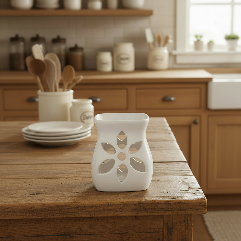LorJas Handmade white ceramic wax warmer with flower pattern on a wooden counter in a kitchen setting.