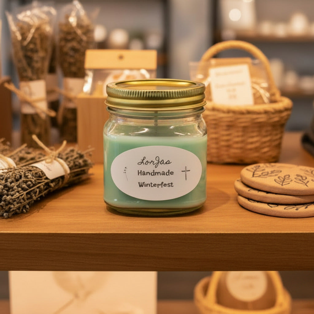LorJas Handmade Winterfest lightly scented soy candle on a wooden shelf surrounded by mercantile items.
