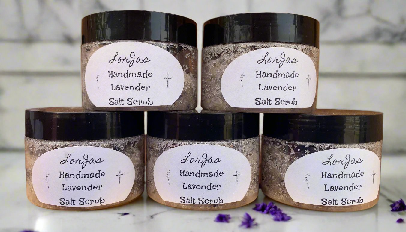 Naturally organic 'LorJas Handmade Lavender Salt Scrub' made with Himalayan salt, natural lavendar fragrance, and essential oils.