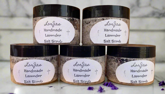 Naturally organic 'LorJas Handmade Lavender Salt Scrub' made with Himalayan salt, natural lavendar fragrance, and essential oils.