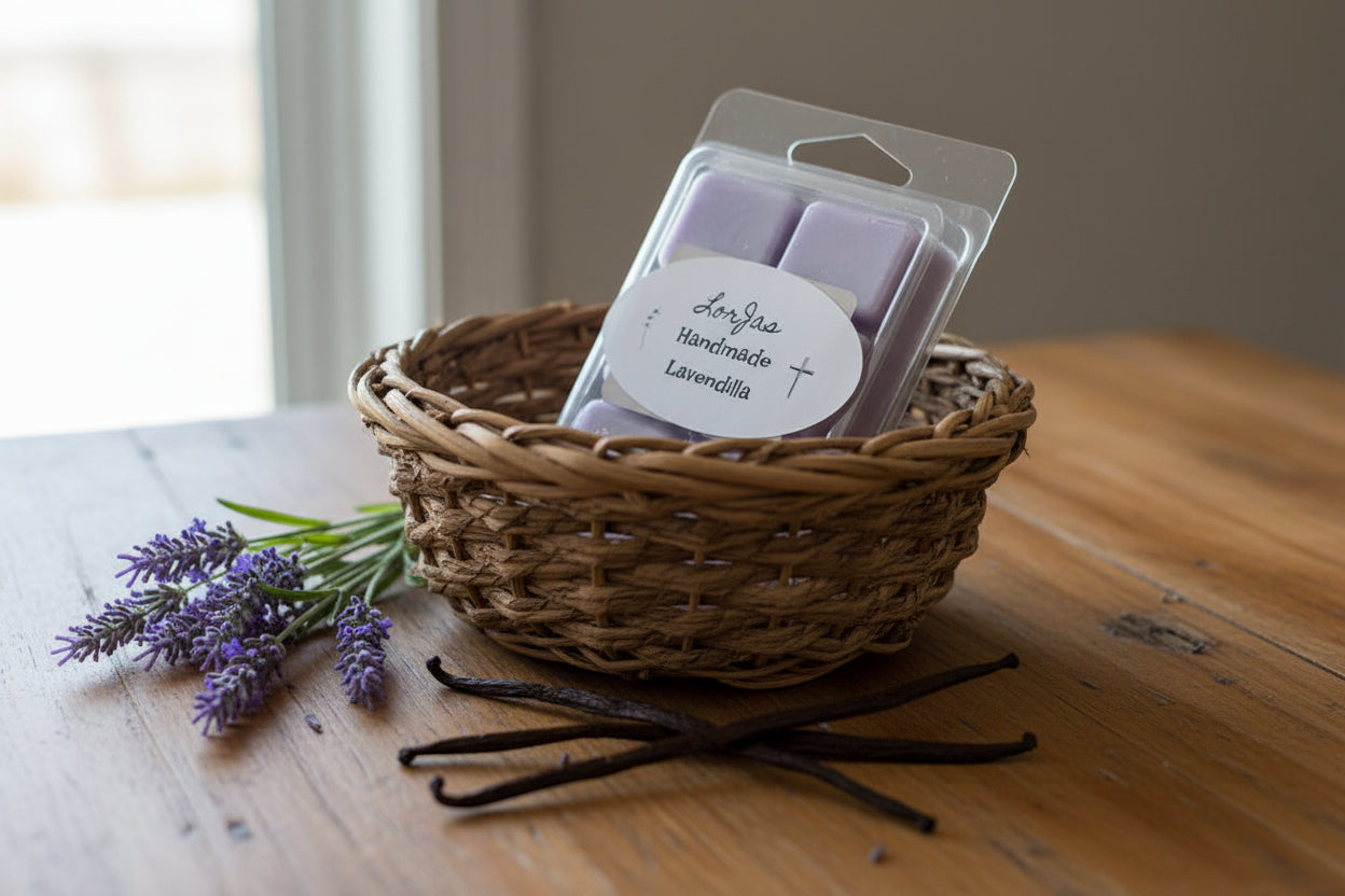 Packaged lavender wax melt with 'LorJae Handmade Lavendilla' label on a wooden surface
