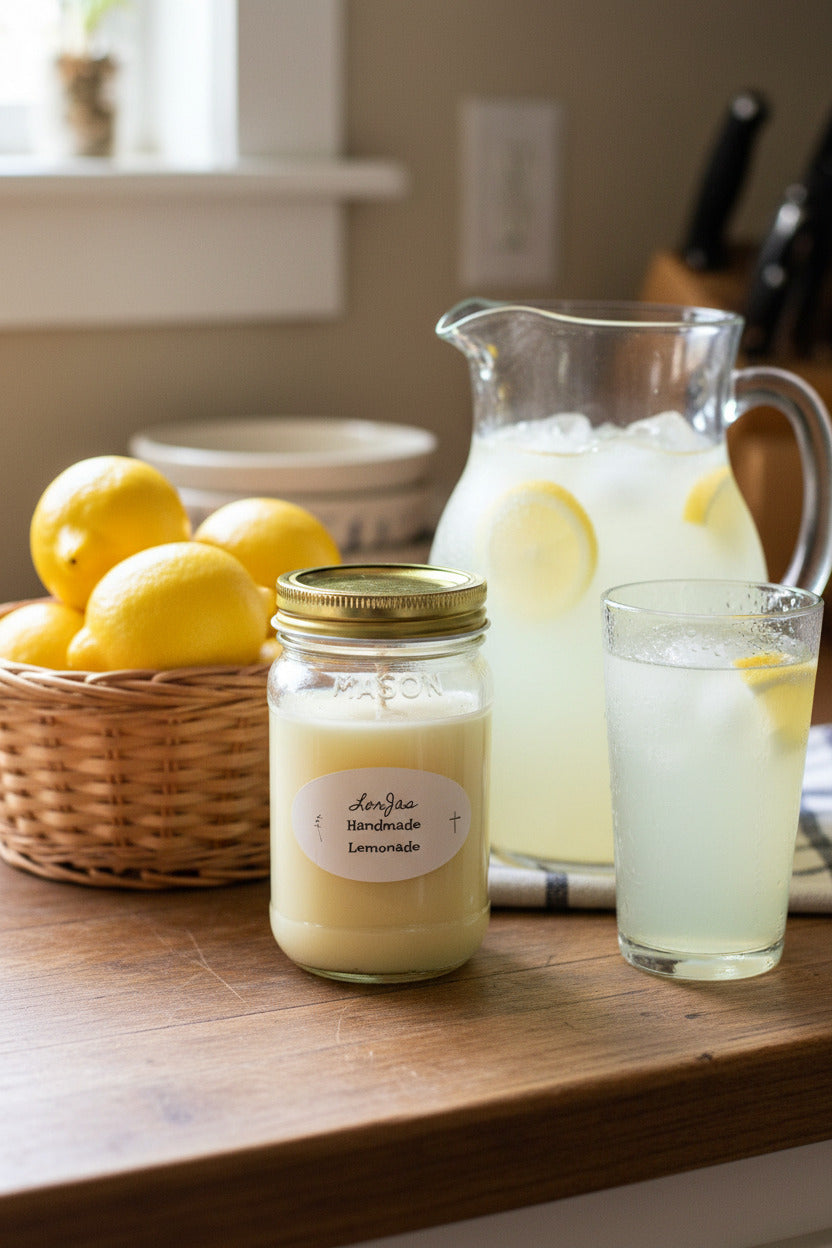LorJas Handmade 'Lemonade' scented organic soy candle on a wooden counter with a glass and pitcher of freshly-made, ice-cold lemonade and a basket of lemons with sugar in the background