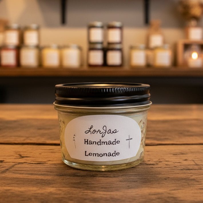 Jar of homemade lemonade scented soy wax candle with a label in a candle store.