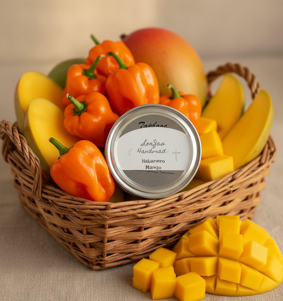 Jar with metallic container lid and label printed 'LorJas Handmade Habanero Mango' on a red fabric background