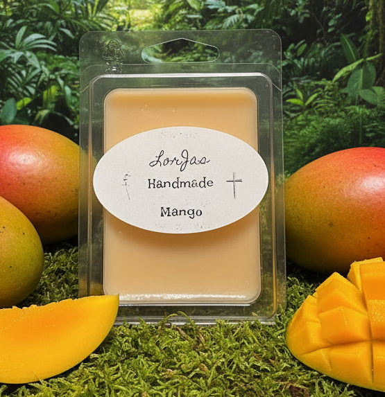 LorJas Handmade 'Mango' scented organic soy wax melt in packaging with mangoes on a green tropical background