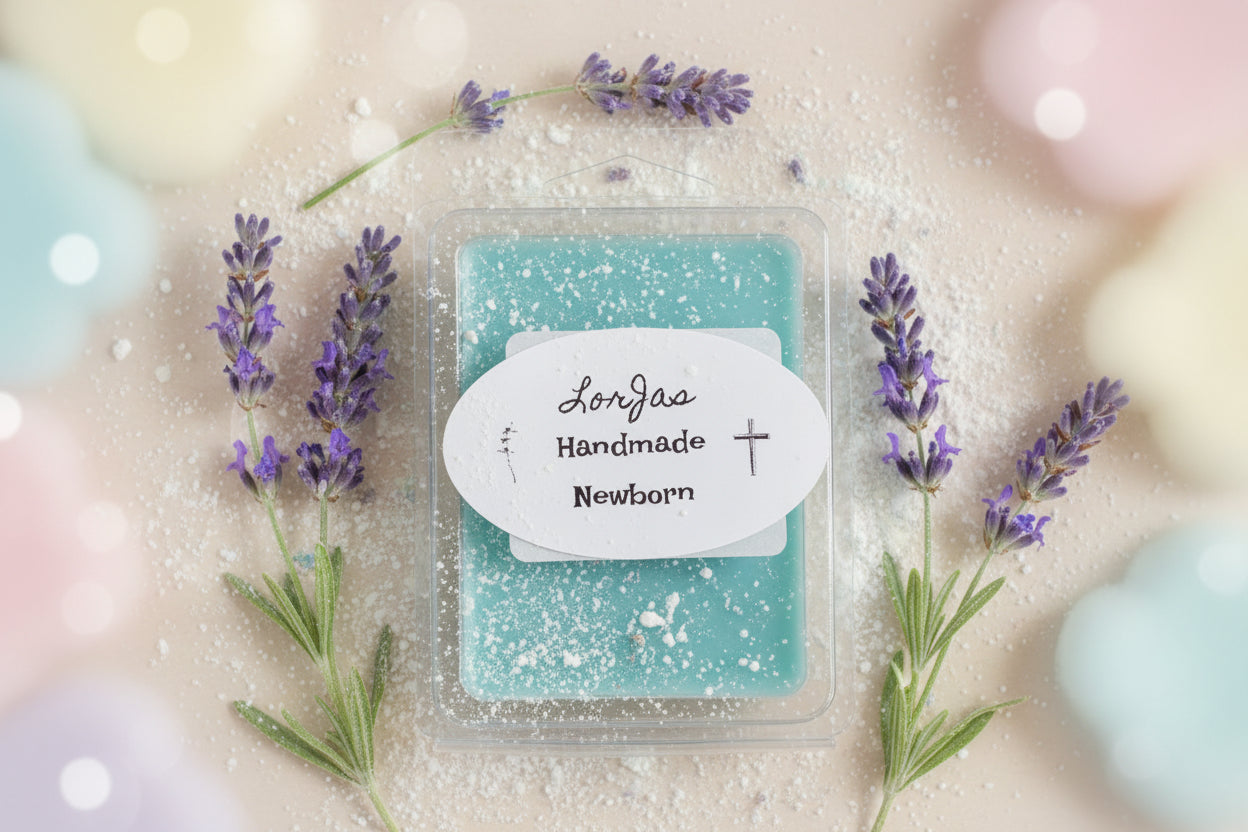 LorJas Handmade 'Newborn' scented organic soy wax melts in packaging on surrounded by lavender and baby powder on a counter.