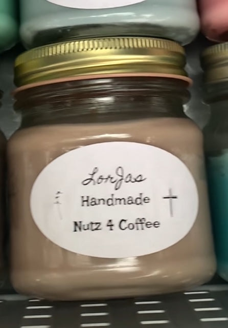 Jar of 'LorJas Handmade Nutz 4 Coffee' with a label in a basket
