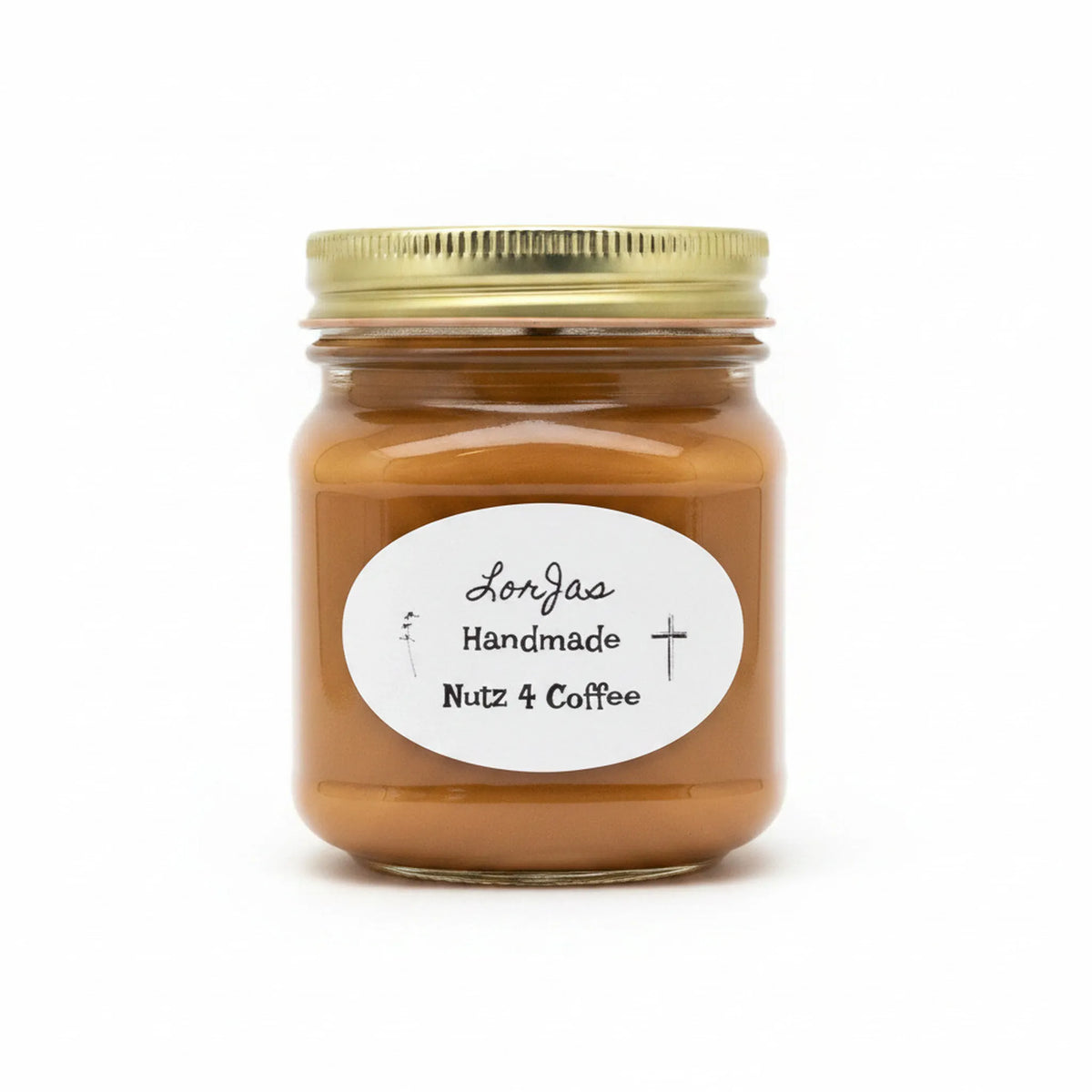 A glass jar candle with a gold metal lid and a white oval label reading 'LorJas Handmade Nutz 4 Coffee', filled with a warm caramel-brown wax, set against a plain white background.