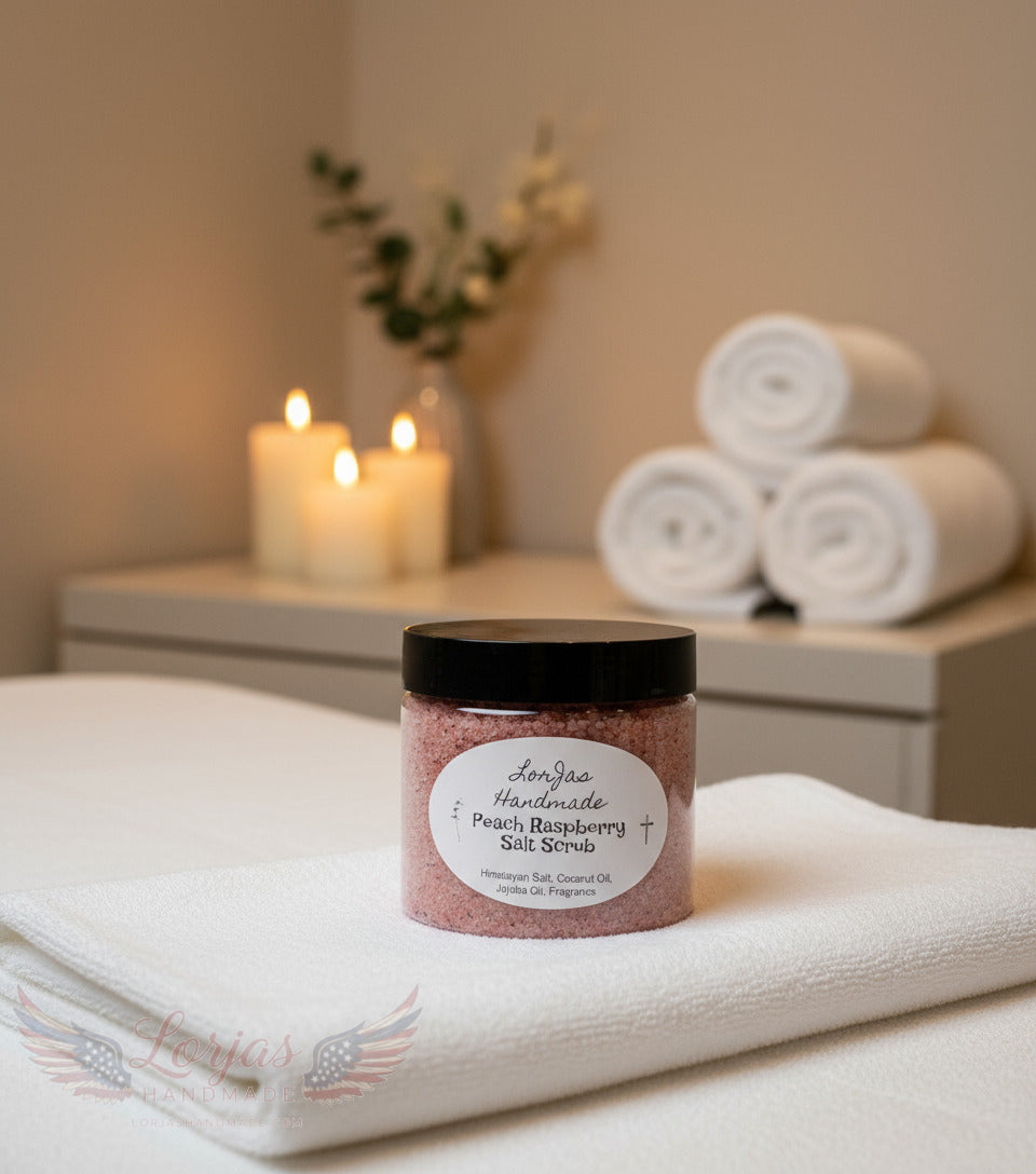 Jar of peach raspberry salt scrub with a label on a wooden surface