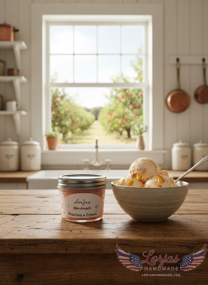 LorJas Handmade 'Peaches n Cream' scented organic soy candle on kitchen counter beside bowl of fresh-churned peach ice cream with orchard in background