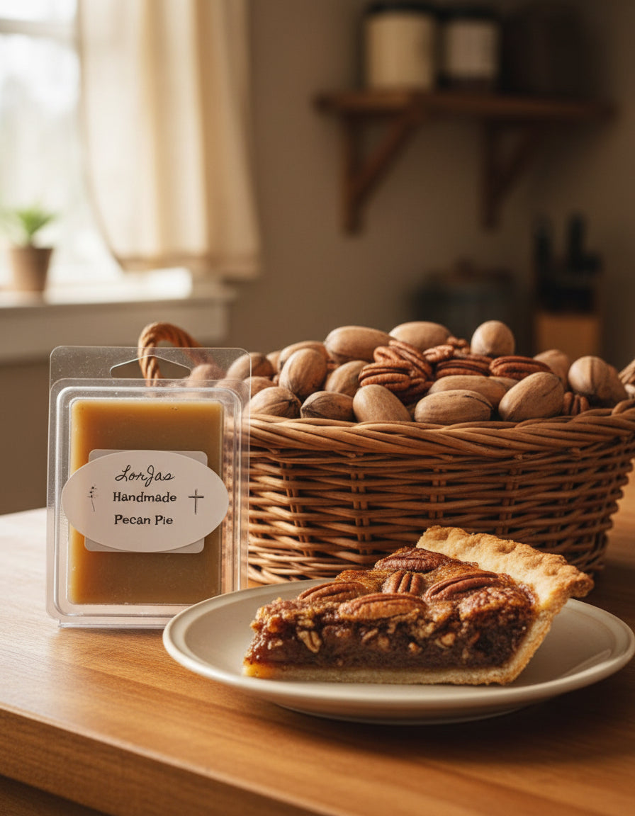 LorJas Handmade 'Pecan Pie' scented organic soy wax melt with a slice of fresh pecan pie on a plate and a basket of pecans on a wooden kitchen table with a light breeze blowing through a window in the background.