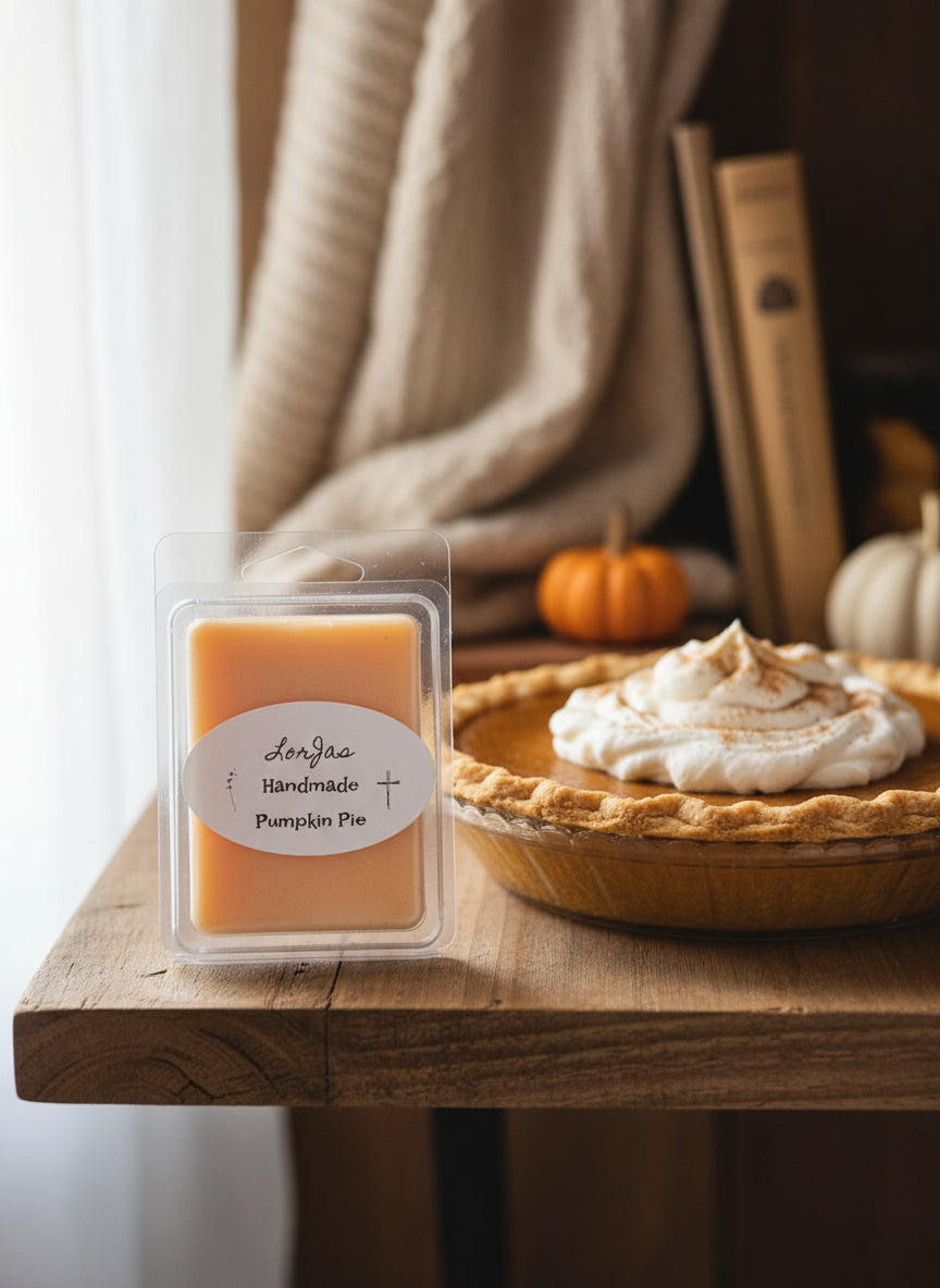 Packaged pumpkin pie wax melt with 'LorJas Handmade' label on a gray background