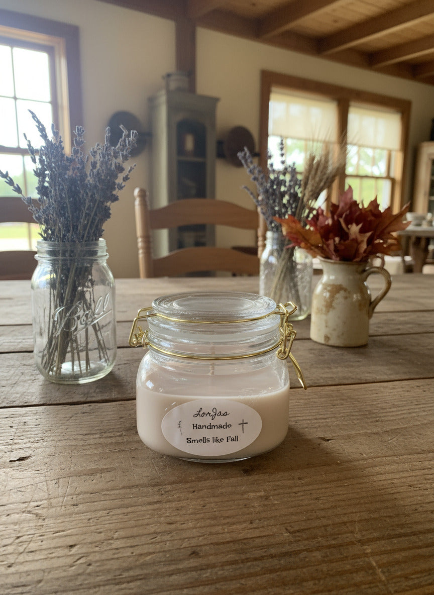Country-style reusable watertight jar of 'LorJas Handmade Smells like Fall' on table