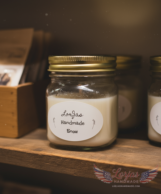 LorJas Handmade 'Snow' scented organic soy candles on wooden display shelf