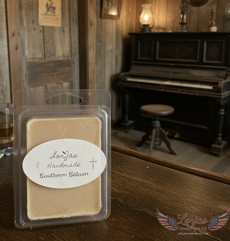 LorJas Handmade 'Southern Saloon' scented organic soy wax melt in package with brand label on a wooden bar in an old saloon with a piano and stool in the background