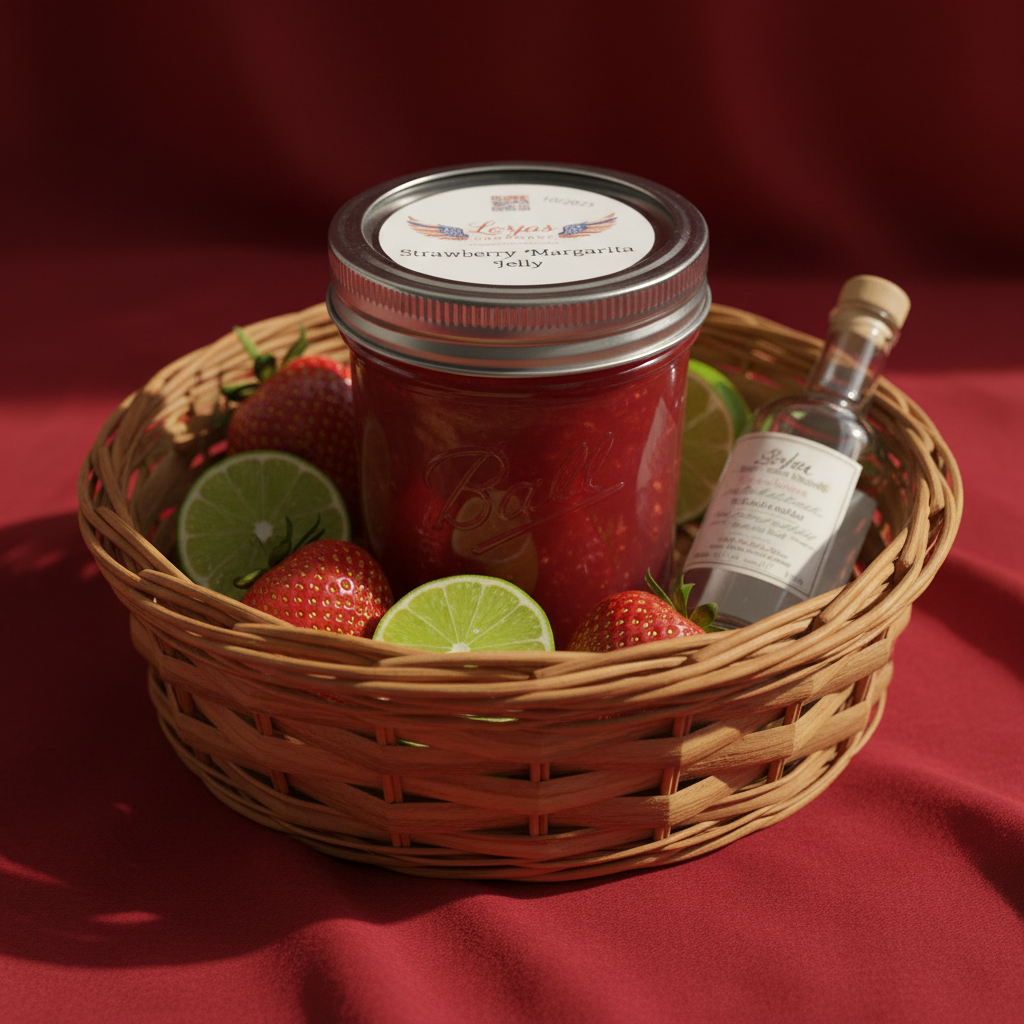 LorJas Handmade Strawberry Margarita jam with fresh strawberries, lime and tequila in a woven basket on a red fabric background.