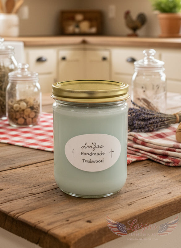 Handmade teakwood candle in a jar with a gold lid on a wooden surface.