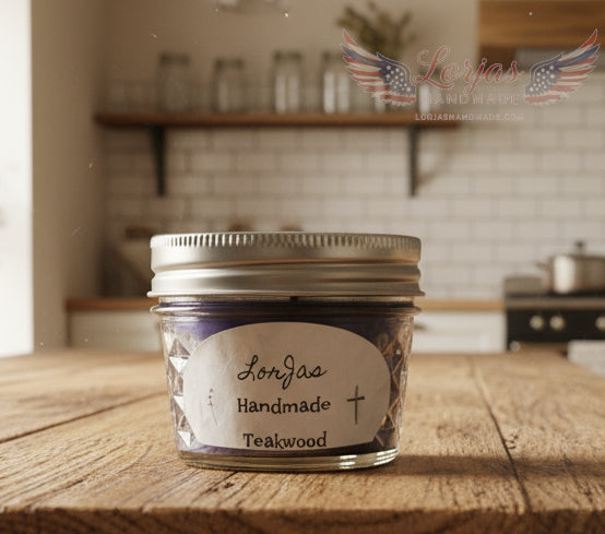 Jar of LorJas Handmade 'Teakwood' scented organic soy candle on a wooden surface with a blurred kitchen background.