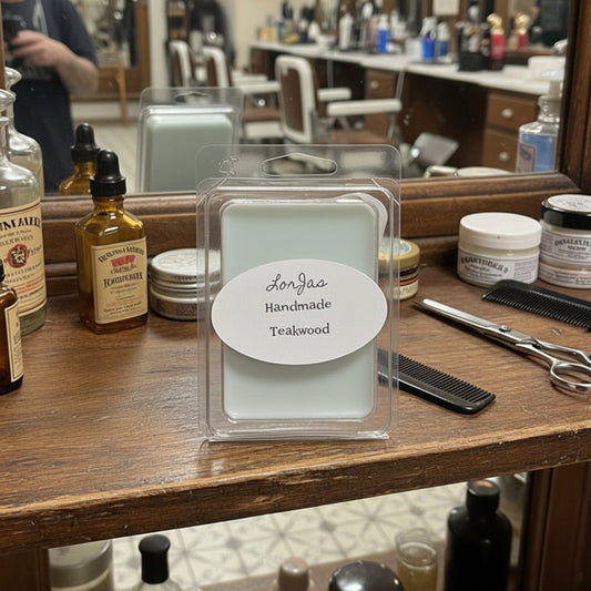 LorJas Handmade 'Teakwood' scented organic soy wax melt in clear packaging on a counter in a tonsorium