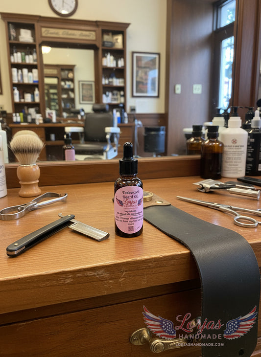 Dropper bottle of Teakwood scented organic beard oil with a LorJas Handmade branded label in tonsorium