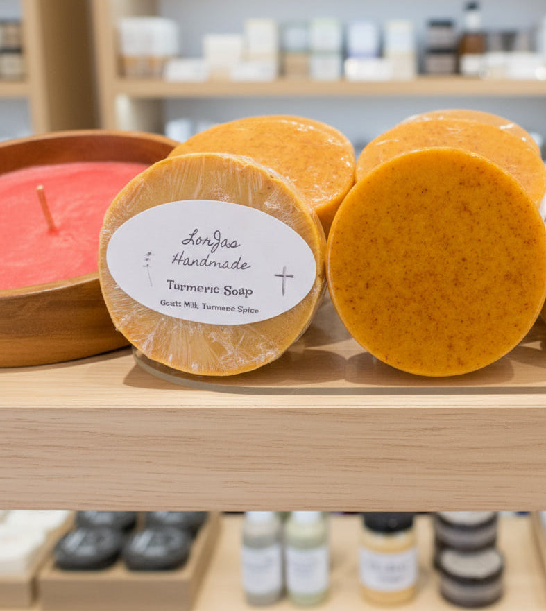 LorJas Handmade 'Turmeric' unscented organic goat-milk-base soap with a branded label on a store shelf with other products.