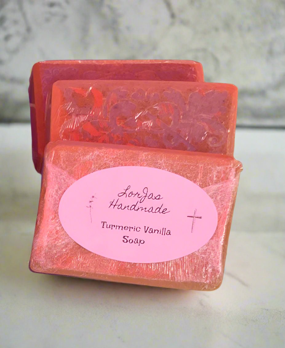 LorJas Handmade 'Turmeric Vanilla' scented goat-milk-base soap with marble background