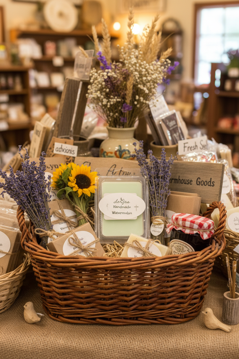 Wicker basket filled with decorative items including flowers and candles on a table.