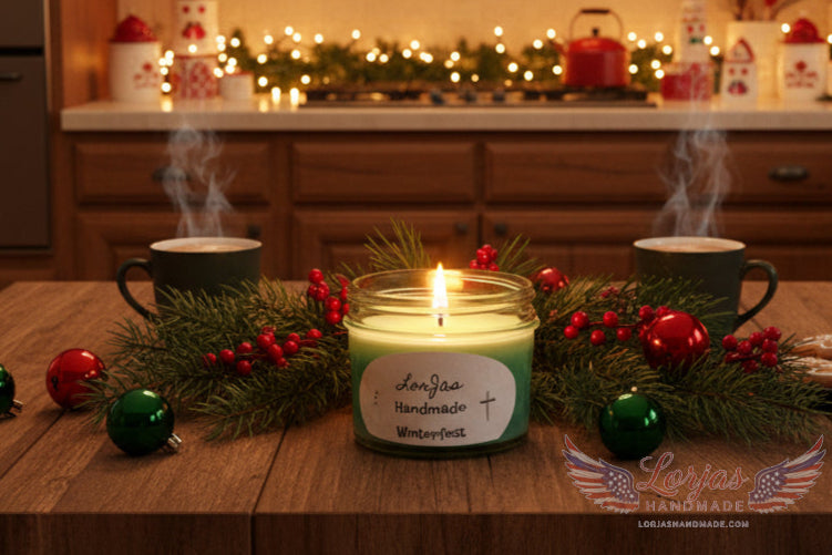 LorJas Handmade 'Winterfest' scented organic soy candle on wooden shelf in store display with seasonal decor all around