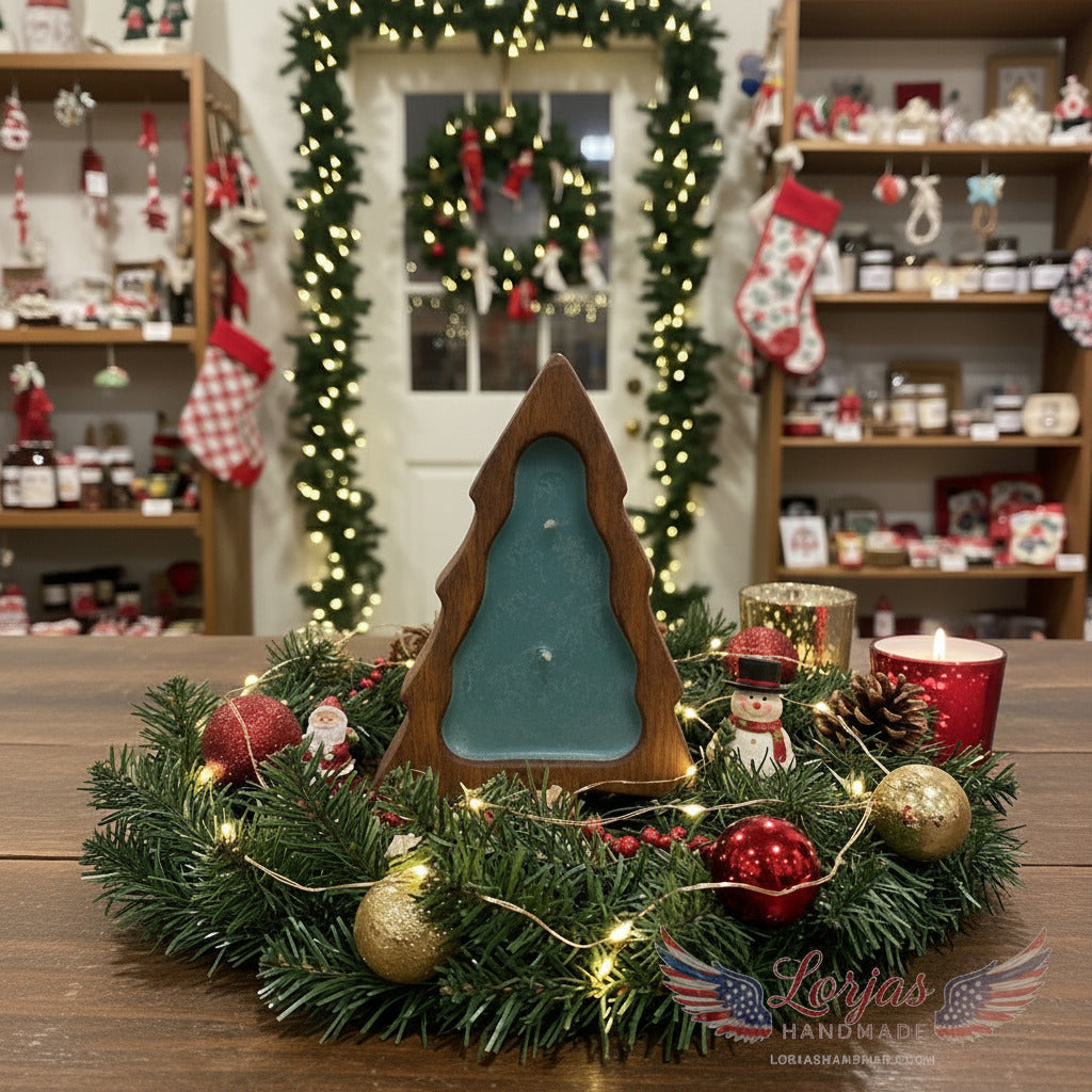 Wooden tree-shaped mold filled with LorJas Handmade 'Winterfest' scented organic soy candle placed as a decorative holiday center piece on a wreath with ornaments on a table and holiday seasonal items in the background.