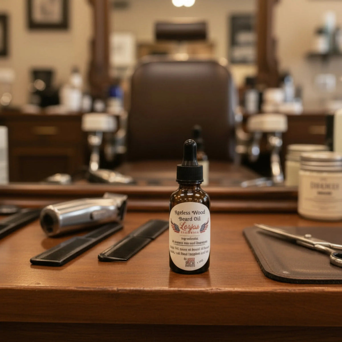 Bottle of LorJas Handmade Ageless Wood beard oil on a wooden counter in a barbershop setting
