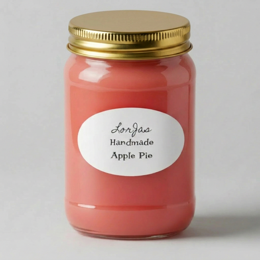 A LorJas Handmade Apple Pie scented candle in a clear glass mason jar, featuring deep red wax and a white oval label with black text, set against a neutral light gray background.