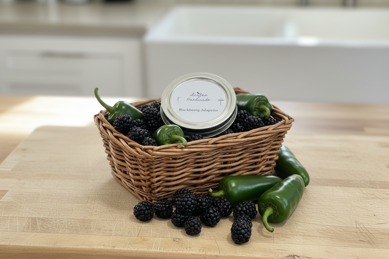 Basket of blackberries and green jalapeño peppers with a jar of LorJas Handmade pepper jelly on a wooden surface
