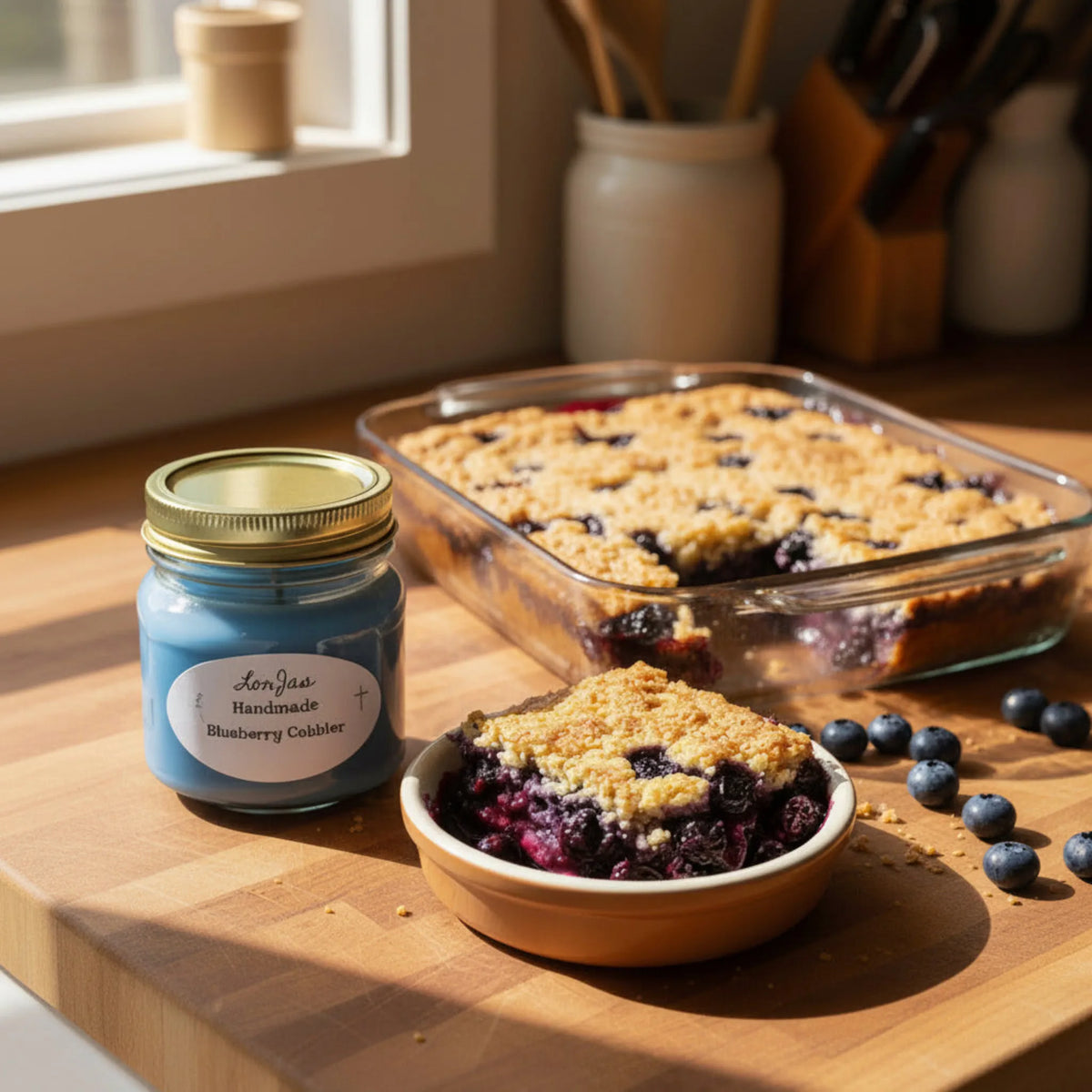 Fresh-made Blueberry cobbler with a jar of LorJas Handmade scented blueberry cobbler soy candle on a rustic wooden table.