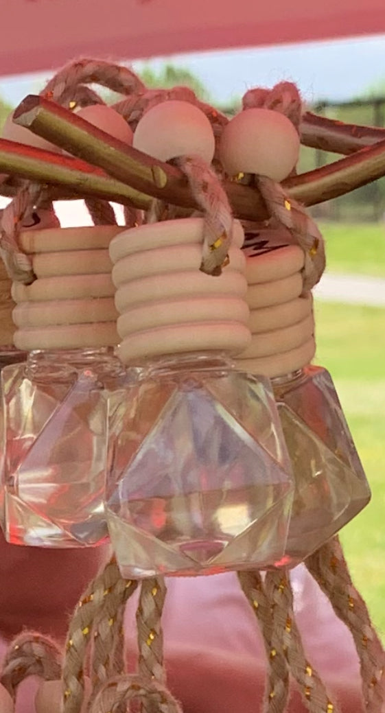 Set of clear geometrically shaped car diffusers with wooden bamboo tops and hemp pull strings hanging on a gold metal rack on a blurred outdoor background