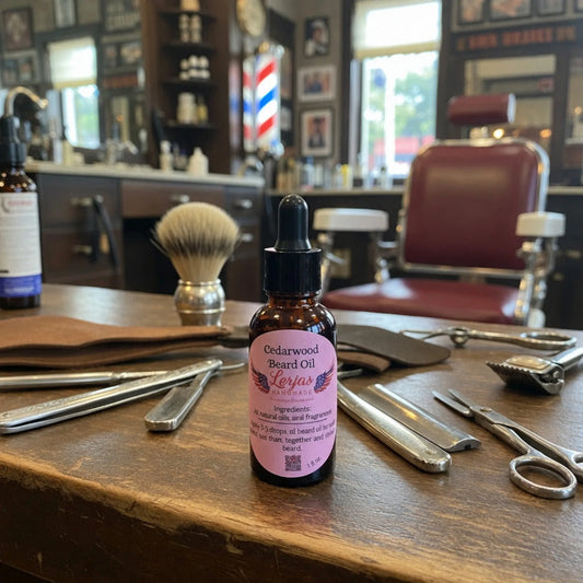 Bottle of LorJas Handmade Cedarwood Beard Oil on a barbershop counter with tools in the background