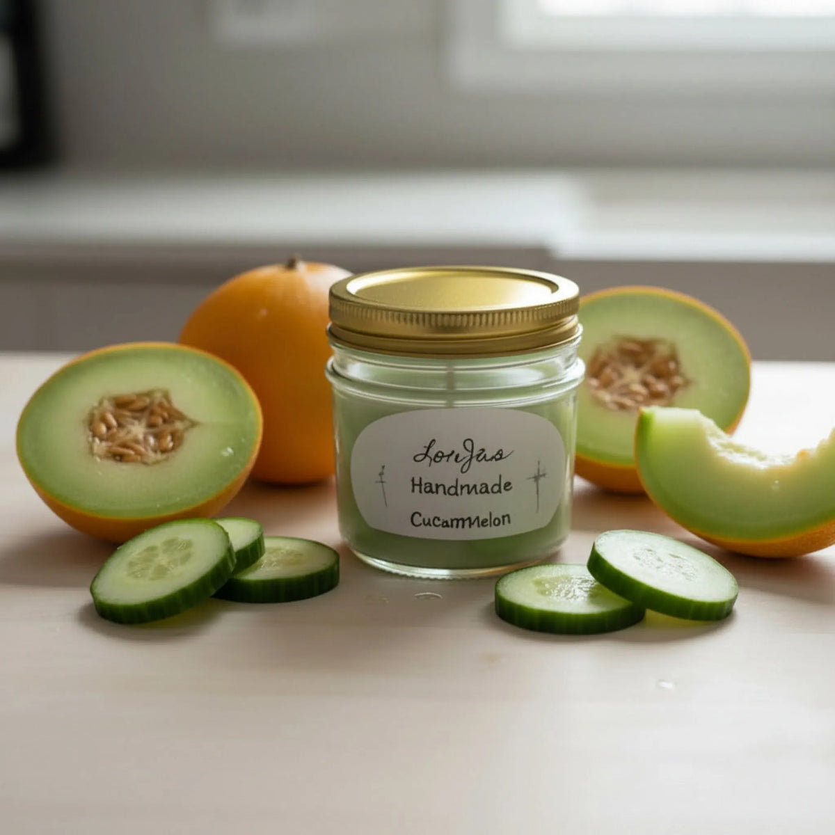 LorJas  Handmade Cucumelon lightly scented soy candle beside fresh-sliced cucumber and melon on a counter with blurred kitchen counter background.